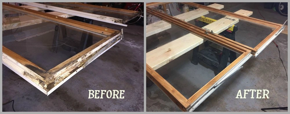 Before and after wood window frame repair in Chicago